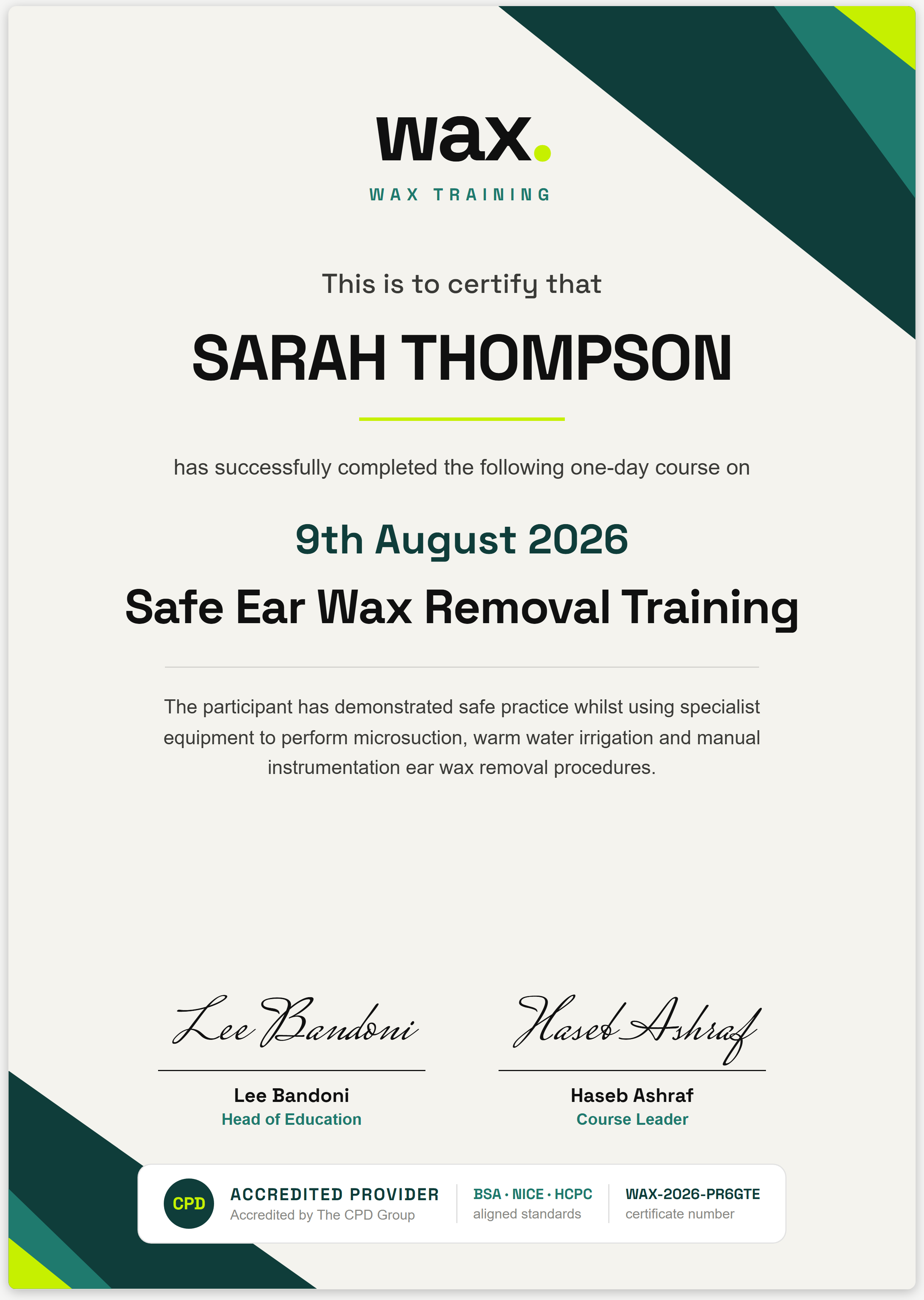 Wax CPD-accredited Certificate of Completion