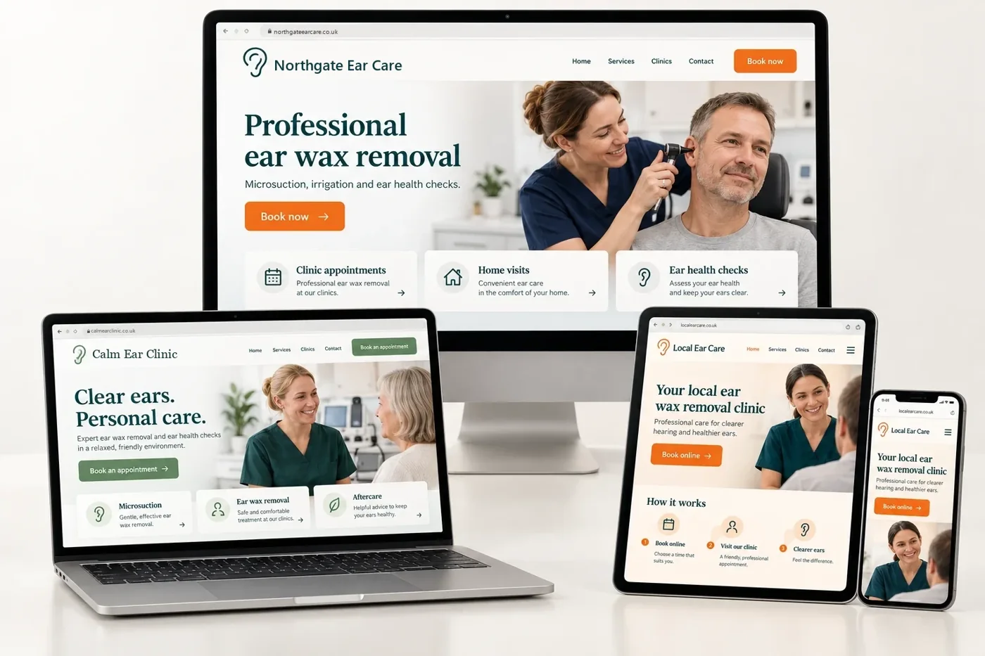 Example clinic websites on desktop, laptop, tablet and phone, each with online booking
